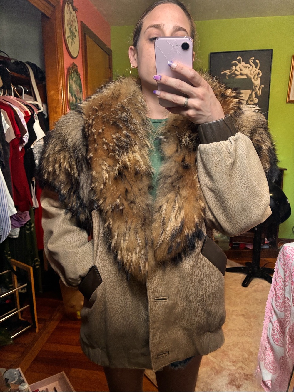 Marvin Richards Leather Coat with Natural Fox Fur Trim